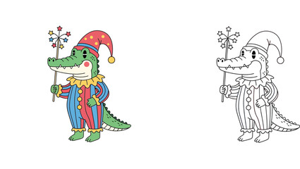 Fototapeta premium Cute Cartoon Alligator Jester with Magic Wand - Whimsical Mascot Illustration