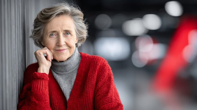 Senior woman smiles while leaning against a wall in a modern indoor setting