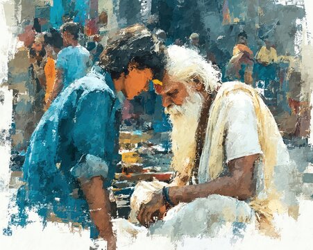 Watercolor-style guru giving blessings to a student for Guru Purnima, spiritual art
