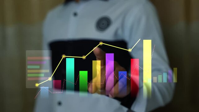 Holographic business growth chart overlay on blurred professional, Hand touch on hologram business graph bar
