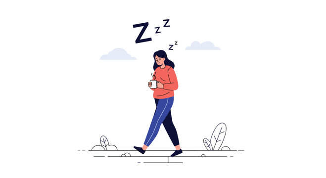 Tired woman sleepwalking while holding a cup of hot coffee to represent extreme fatigue and the need for rest and energy.