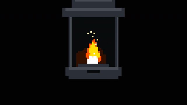 Pixel art glowing lantern with burning candle flame on black background