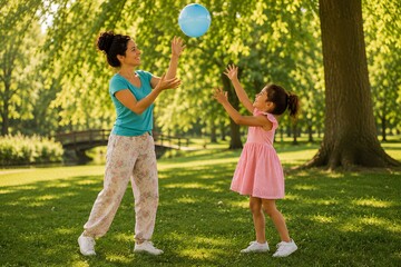 Obraz premium Mother and daughter playing with a ball in the park.