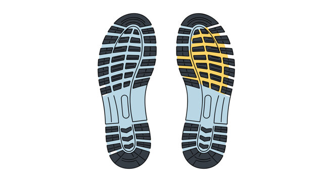 Detailed illustration of hiking boot soles showing tread patterns with one side highlighting specific pressure or contact zones.