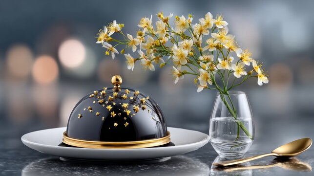 Delicate dessert served under a dome with decorative flowers in a glass vase