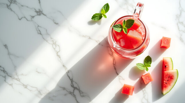 Flat Lay of Watermelon Infused Water in Glass Pitcher with Mint Leaves
