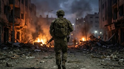 Obraz premium Soldier in tactical gear facing a burning city street at night, aftermath of war and destruction