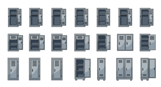 Extensive collection of metal school locker icons in different colors and states including open, closed, and partially empty views.