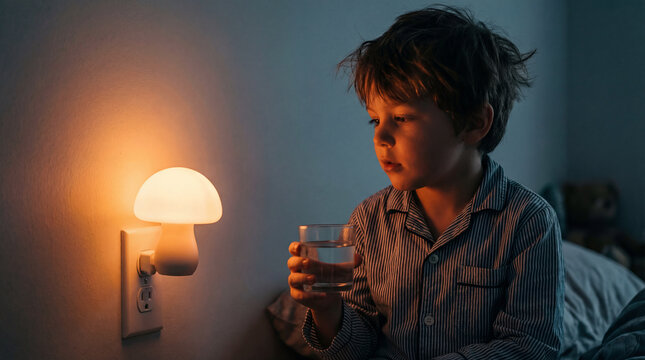 Young boy in pajamas holding glass of water beside glowing night light showing bedtime routine childhood comfort quiet evening home parenting bedtime hydration sleep routine childhood home