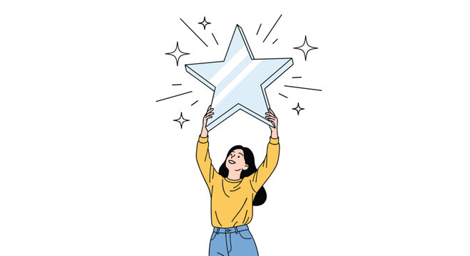 Young woman in a yellow sweater smiles brightly while lifting a large shining star high above her head against a white background.
