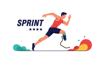 Fototapeta premium Determined male athlete with a prosthetic running blade sprints forward with power against a white background with decorative elements.