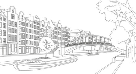 Fototapeta premium Detailed black and white line drawing of a traditional Amsterdam canal scene with narrow houses, an arched bridge, and a boat.
