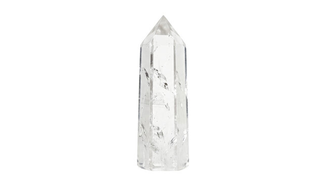 Clear quartz crystal point tower standing upright isolated on a pure white background
