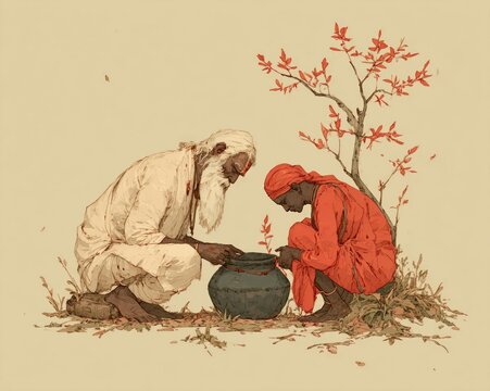Watercolor-style illustration of guru giving blessings to student for Guru Purnima