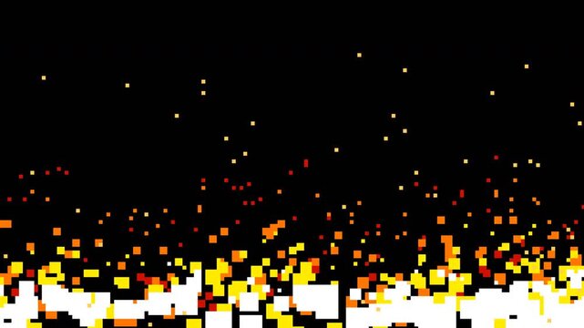 Retro pixel art fire flames and rising embers on black background