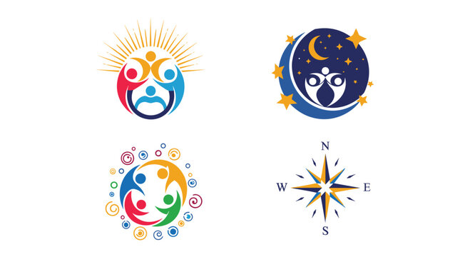 Collection of four unique logos including circular community figures, a moon and star motif, and a traditional compass rose.