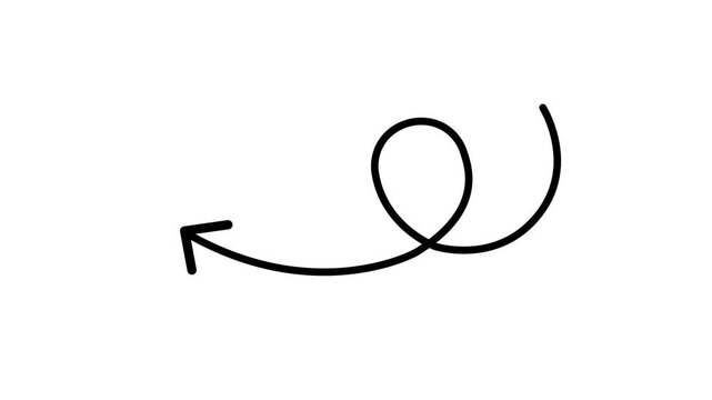 Black curly arrow hand drawn shape pointing left for direction, pointer, guide, navigation, and symbol on transparent background for modern graphic design and branding projects