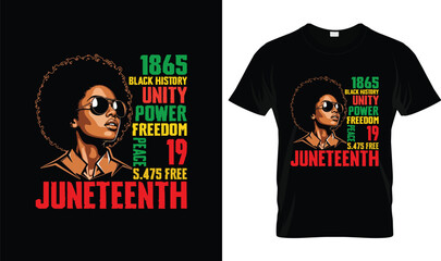 Fototapeta premium Juneteenth T-Shirt Design with Afro Black Woman, 1865 Black History Unity Power Freedom Celebration African American Heritage Vector Illustration