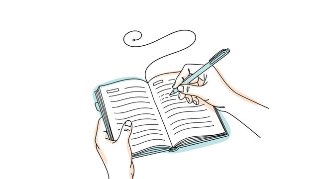 Pair of hands hold a pen to write notes or a story in an open journal or diary with blue highlights.