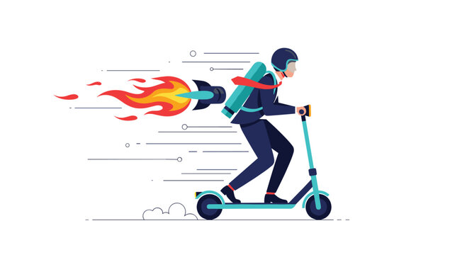 Energetic businessman wearing a jetpack and riding a fast electric scooter with flames representing speed and power.