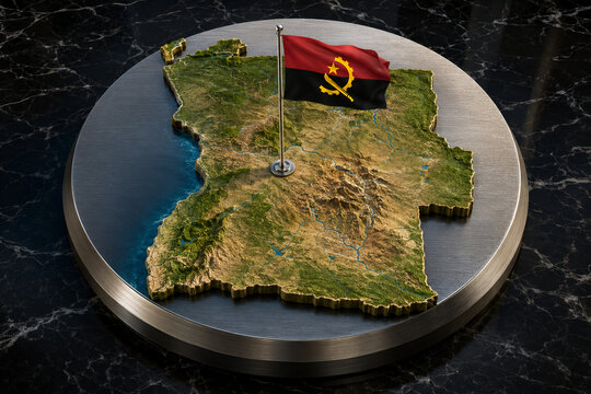 3D Relief Map of Angola with National Flag and Atlantic Coastline