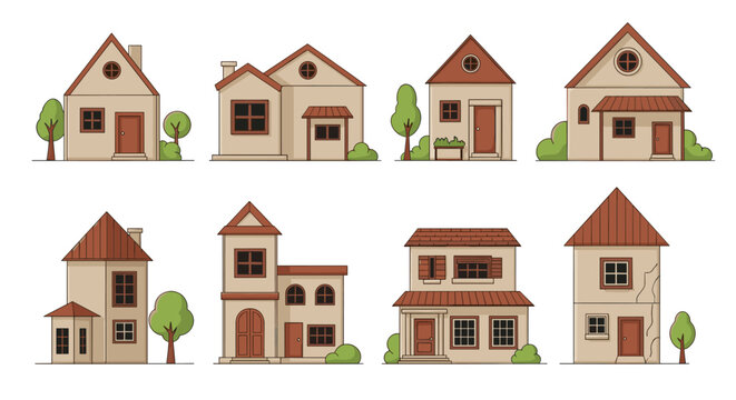 Collection of eight different small house illustrations with brown roofs and cream walls, perfect for neighborhood maps or architectural icons.