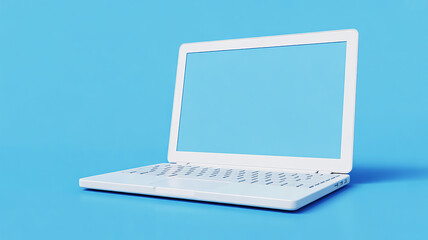 Fototapeta premium A minimalist 3D rendering of a white laptop on a solid blue background, showcasing modern technology and clean design