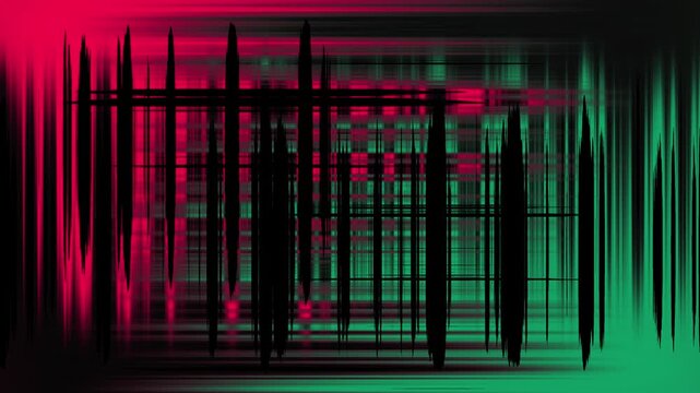 Futuristic Digital Glitch Texture with Red and Green Neon Vertical Lines on Black Background, Cyberpunk Data Stream Distortion Effect, Electronic Signal Noise Pattern, Modern Abstract Tech Wallpaper f