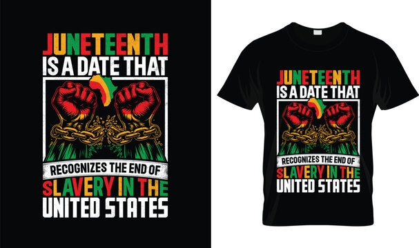 Juneteenth T-Shirt Design Celebrating the End of Slavery in the United States, Broken Chains Freedom Day Black History Typography Vector Graphic