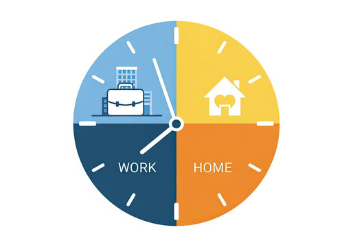 Clock face divided into four colored quadrants labeled work and home featuring a briefcase building icon and a house shape with a heart inside isolated on a white background