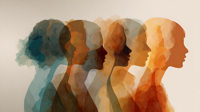 Abstract layered human profiles in translucent colors symbolizing identity, emotions, mental health, personal growth, self-discovery, diversity, transformation and psychological depth