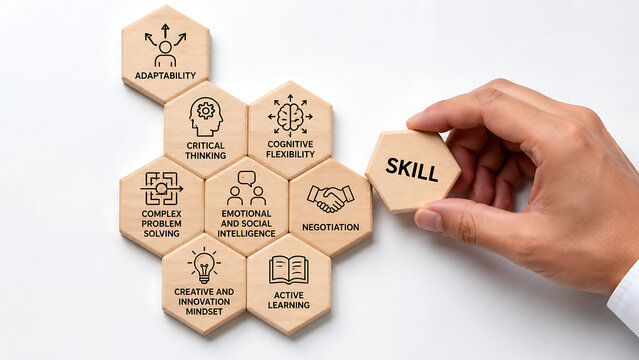 Person hand arranging wooden hexagon blocks with future soft skills icons showing cognitive flexibility emotional intelligence critical thinking and active learning for modern career development