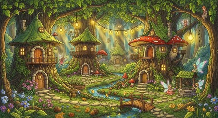 Obraz premium Whimsical fairy tale forest village homes.