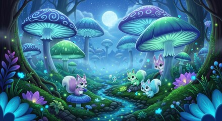 Whimsical forest scene with cartoon animals.