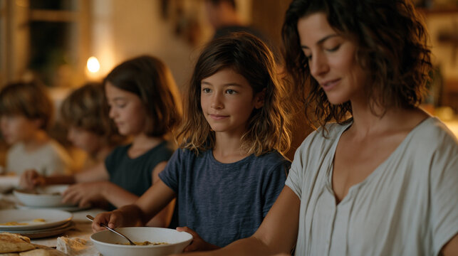 Blended family assembles around a large table for a Sunday meal, stepchildren and biological children passing dishes, a step parent encouraging the quieter child to try something