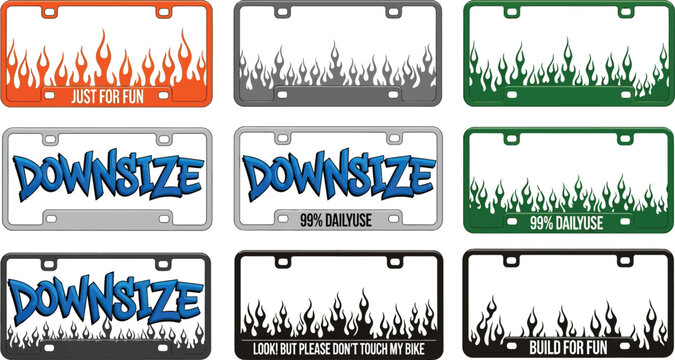 Collection of nine decorative license plate frames with flame and text car accessory vehicle decoration