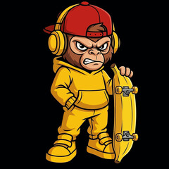 Cartoon monkey wearing headphones and holding skateboard. © MuhArif