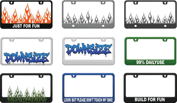 Collection of nine decorative license plate frames with flames, graffiti, and text car accessory vehicle customization