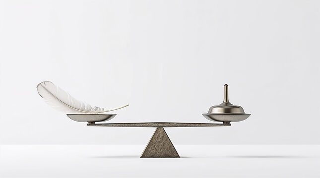 White feather and metal weight balanced on minimalist scale concept