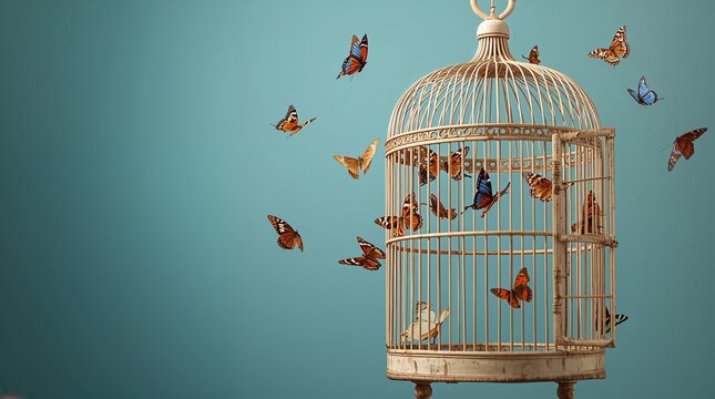 Vintage birdcage with colorful butterflies escaping on teal background freedom concept