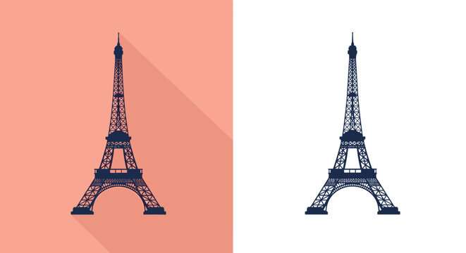 Silhouette of the Eiffel Tower shown in two versions one with a shadow on an orange background and one plain on white.