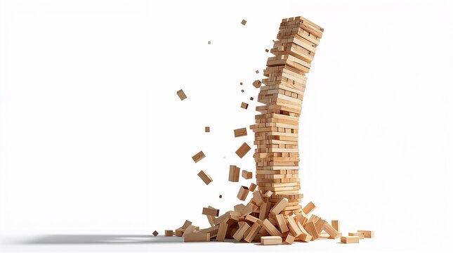 Wooden block tower collapsing with falling pieces on white background risk management concept