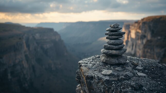 Balanced stone cairn tower on cliff edge with misty canyon landscape background zen meditation concept