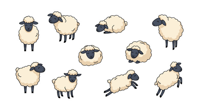 Group of cute white cartoon sheep shown in various poses including standing lying down and jumping on a white background.