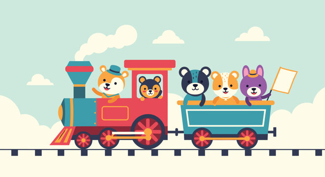 Group of adorable cartoon animals including a bear dog and cat riding on a colorful toy train across a railroad track.