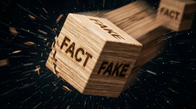 Floating wooden block with fact and fake labels spinning in a dark space filled with floating debris.