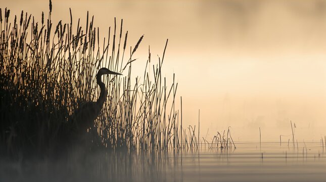 Heron silhouette hidden in misty reeds at golden sunrise wetland scene