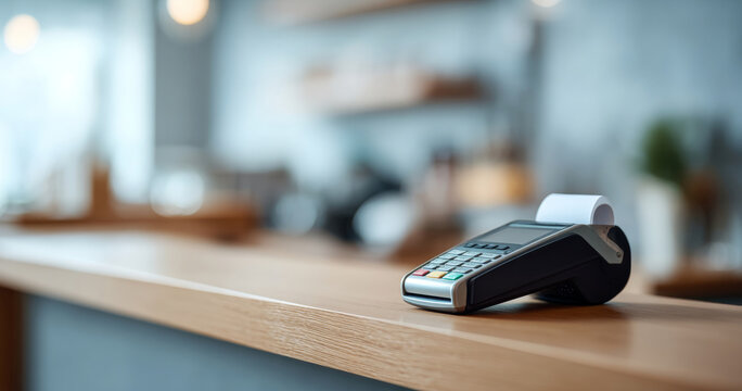 Payment terminal on wooden counter