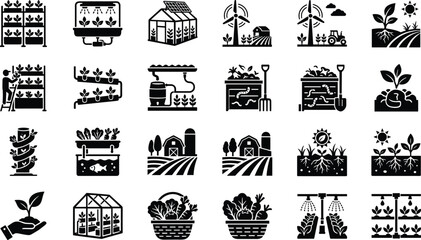 Agriculture silhouettes with tractors, greenhouses, wind turbines, irrigation systems, compost bins, aquaponics, barns, baskets of vegetables and farmland © MDKHOYBAR