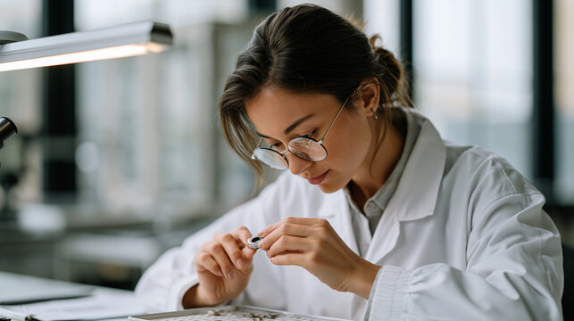 Quality control inspector holding automotive torque component under magnifying light bar, rain-soaked industrial windows behind her, manufacturing defect analysis on precision